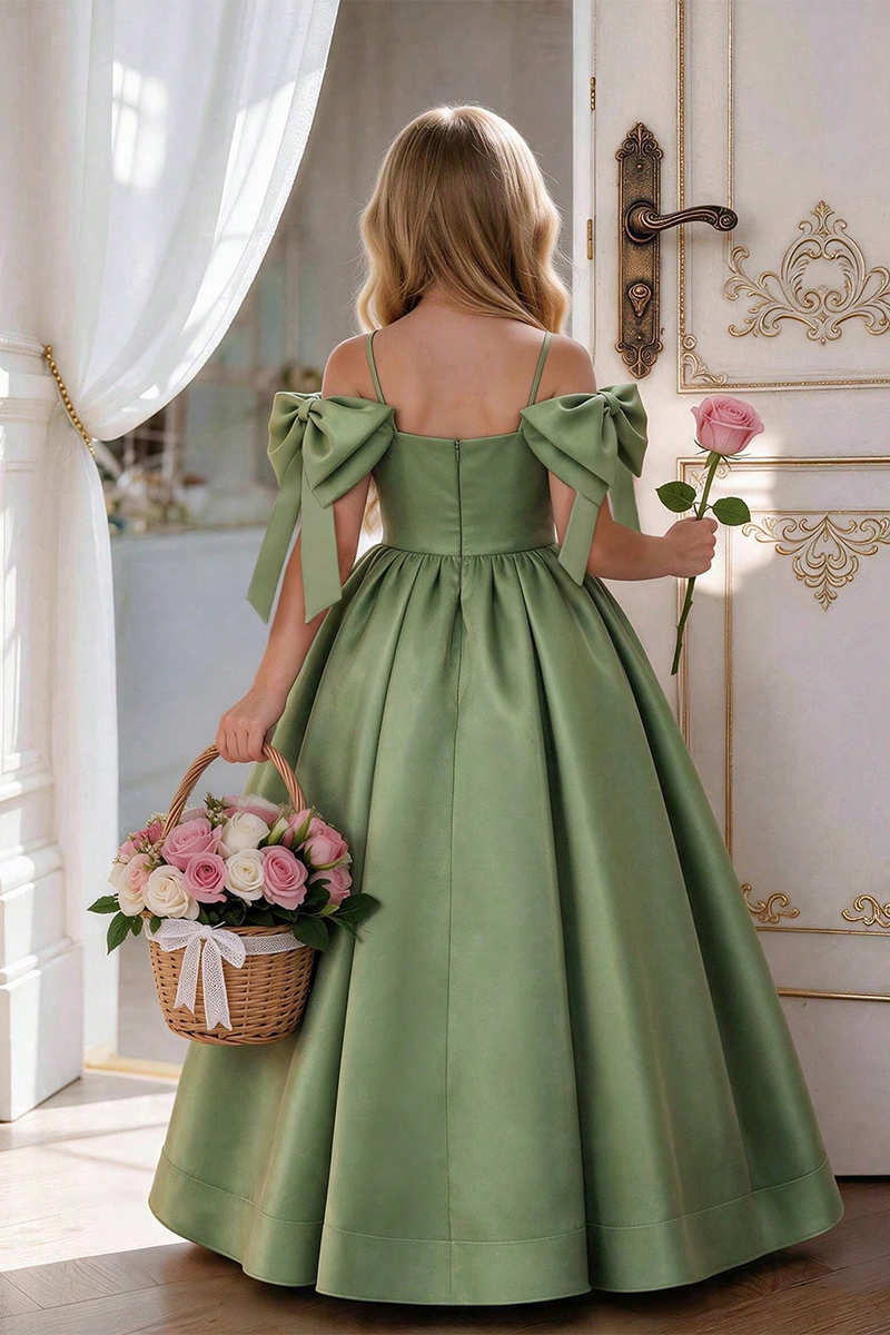 Girls Sage Green Satin Ball Gown for Weddings with Off‑Shoulder Bow Accents