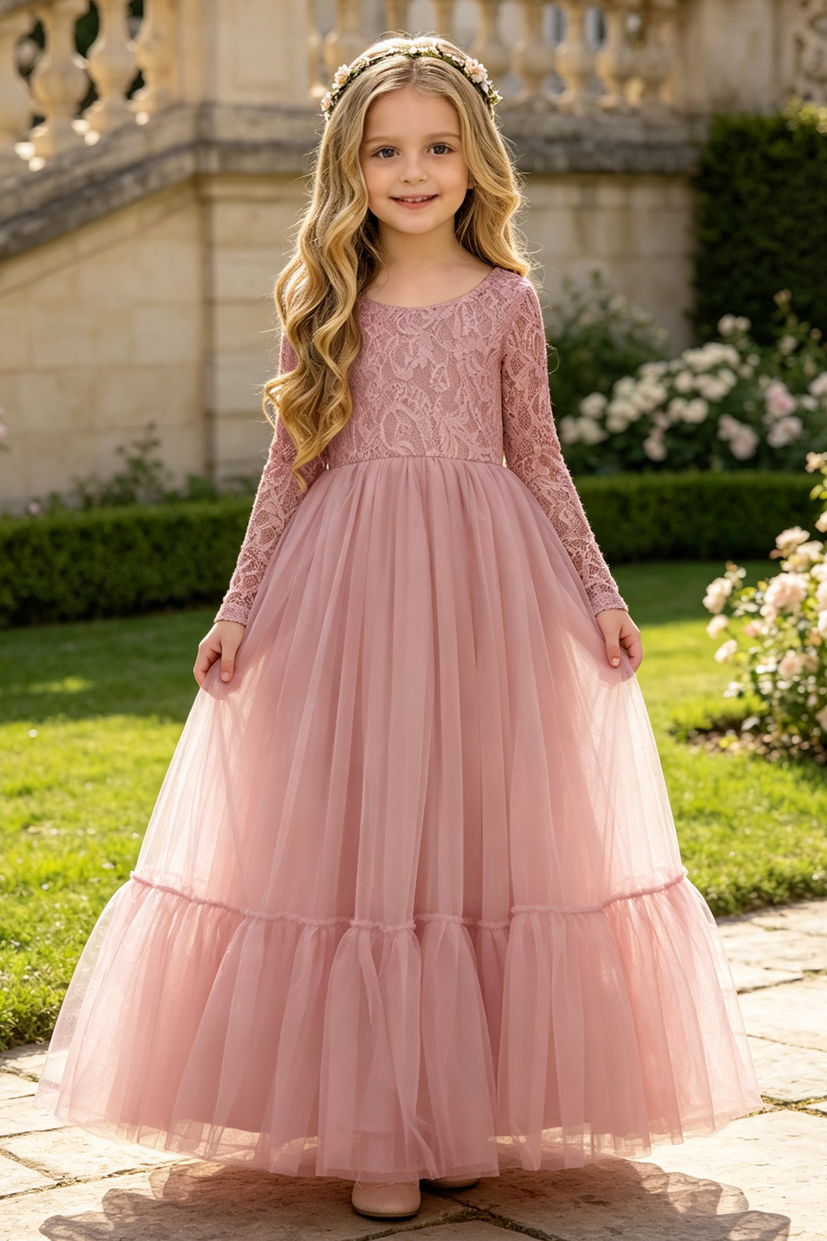 Yellow Long Sleeve Lace Tulle A‑Line Flower Girl Dress