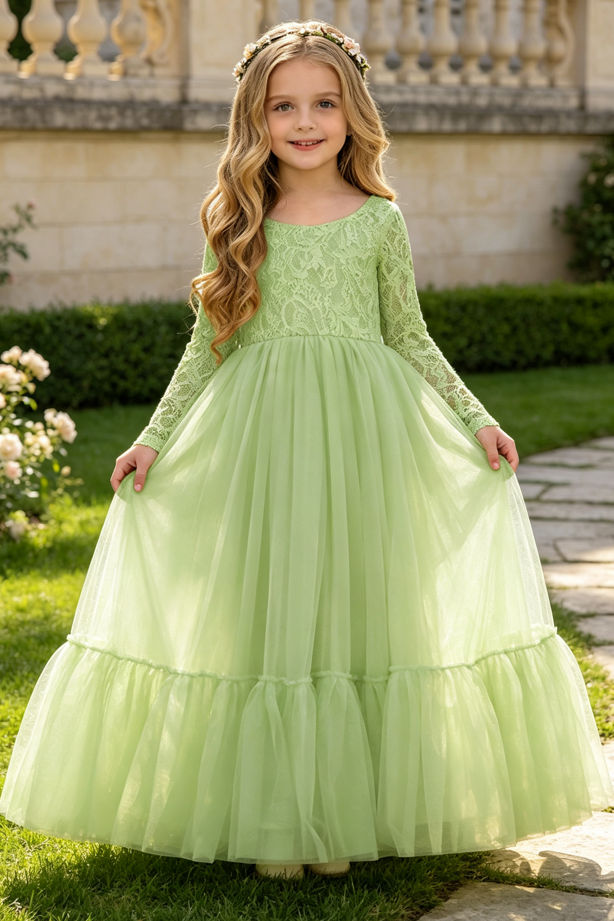 Yellow Long Sleeve Lace Tulle A‑Line Flower Girl Dress