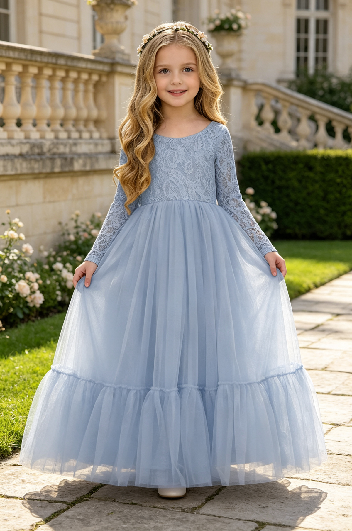 Yellow Long Sleeve Lace Tulle A‑Line Flower Girl Dress