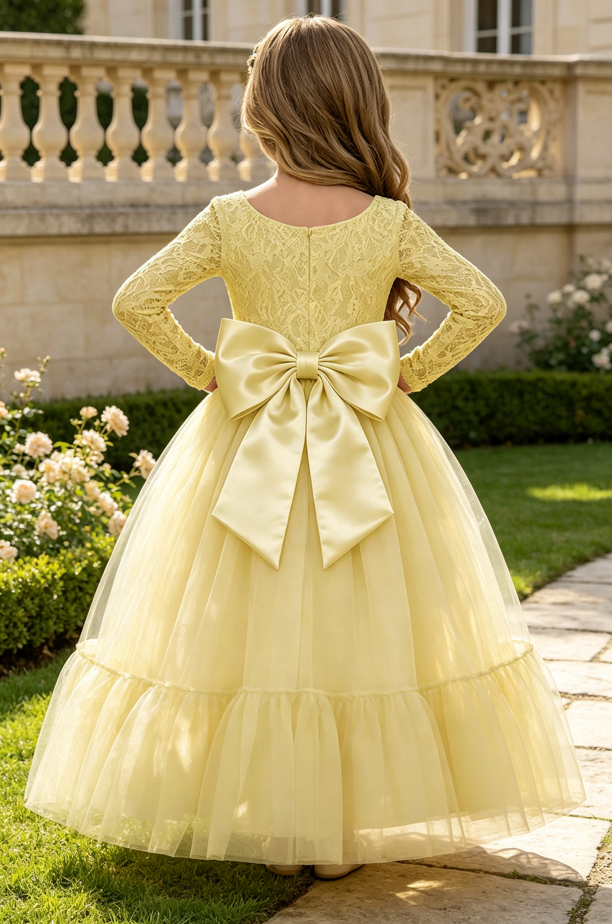 Yellow Long Sleeve Lace Tulle A‑Line Flower Girl Dress