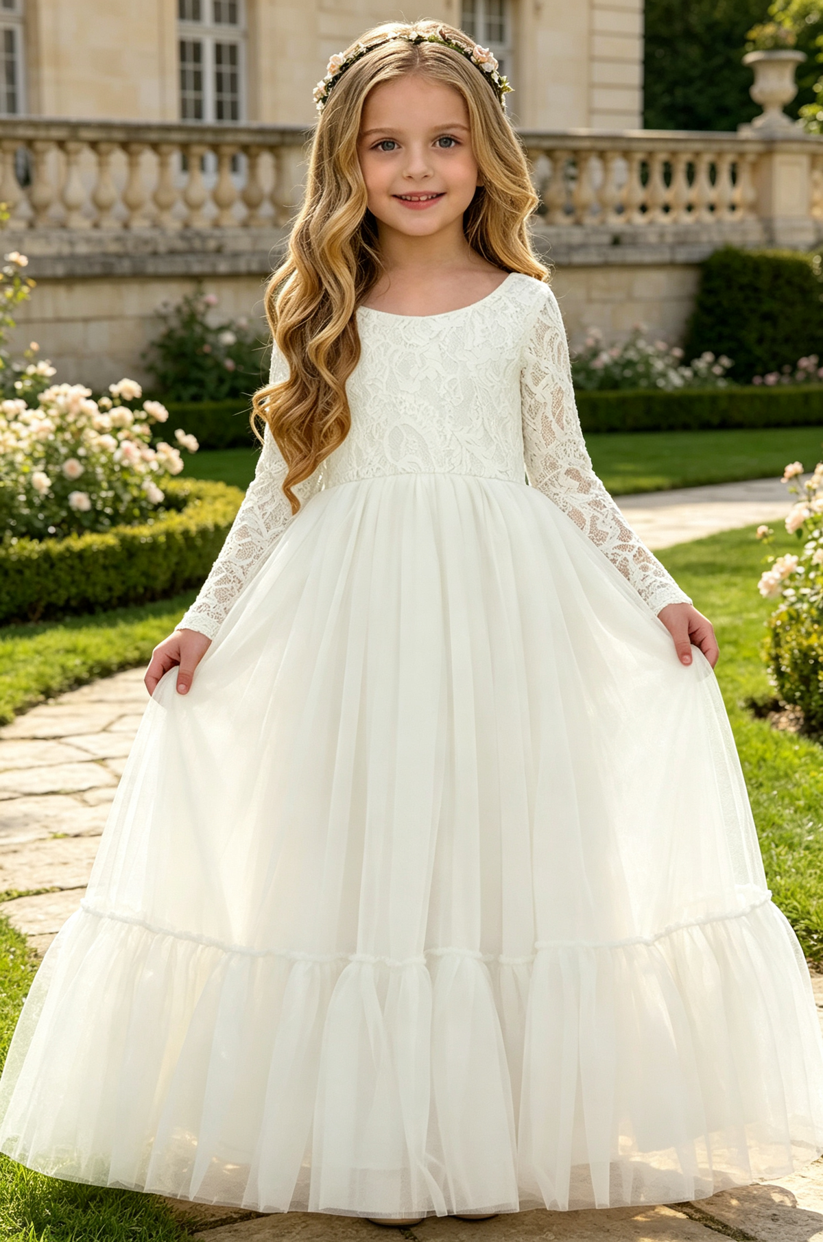 Yellow Long Sleeve Lace Tulle A‑Line Flower Girl Dress