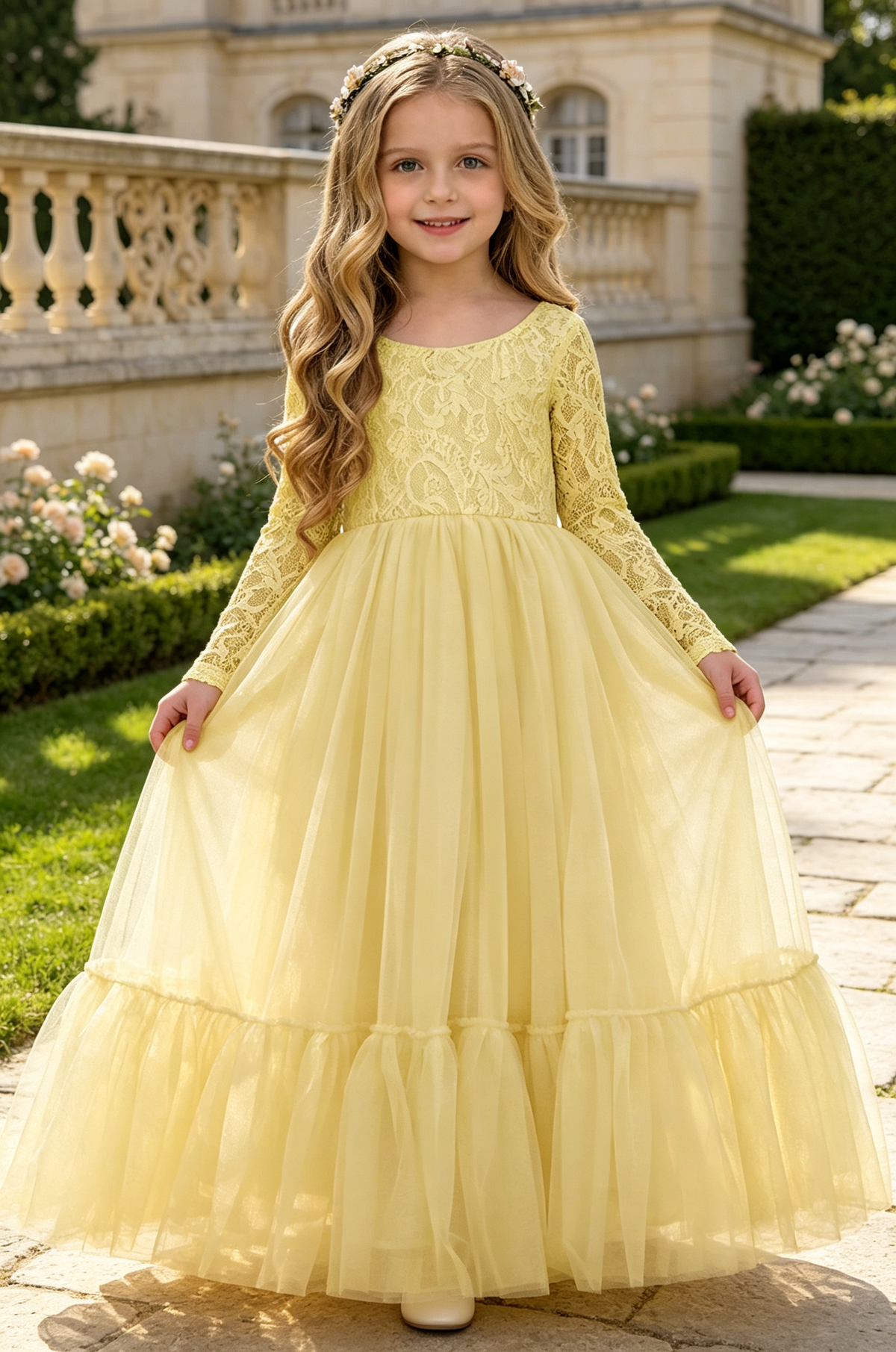 Yellow Long Sleeve Lace Tulle A‑Line Flower Girl Dress