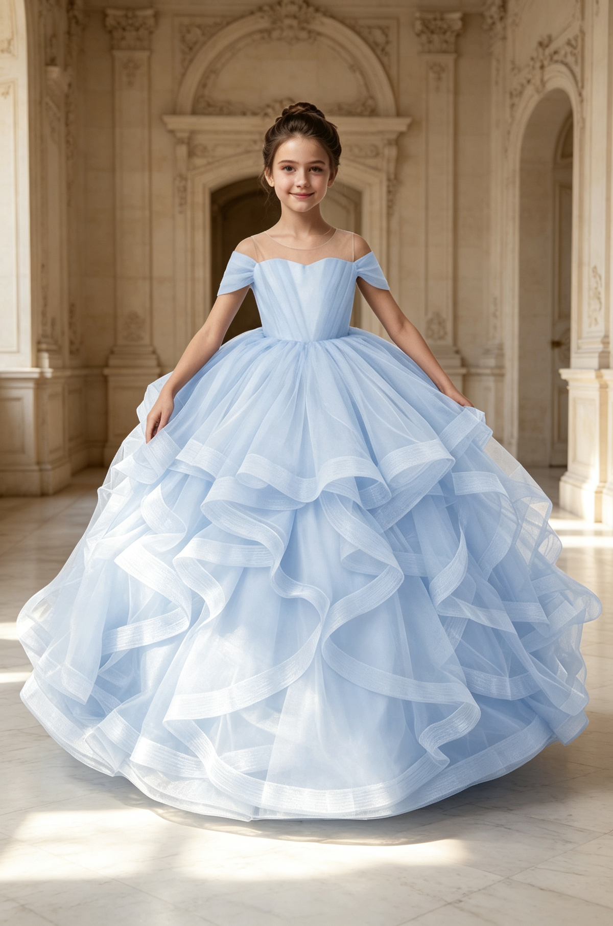 Lavender Off‑The‑Shoulder Girls Pageant Tiered Tulle A‑Line Dress