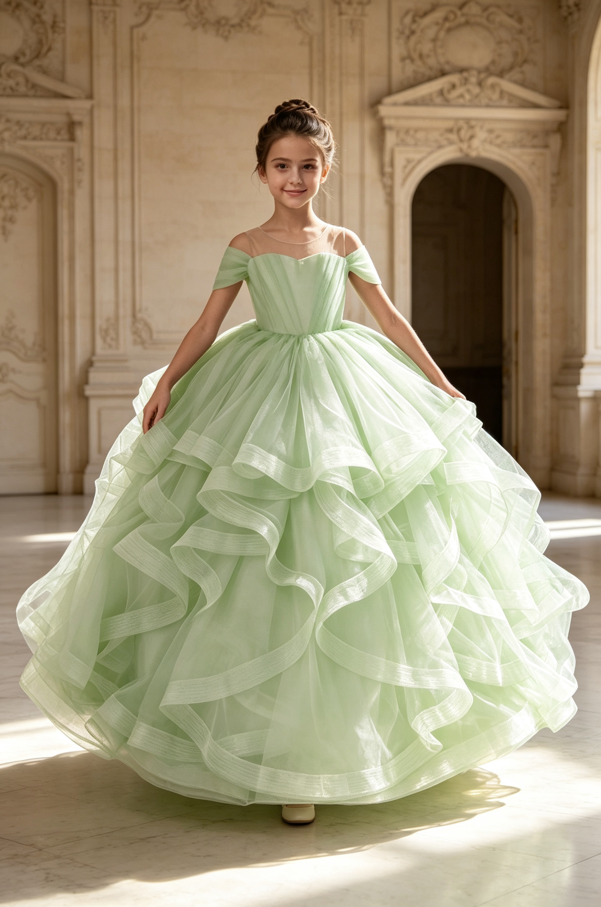 Lavender Off‑The‑Shoulder Girls Pageant Tiered Tulle A‑Line Dress