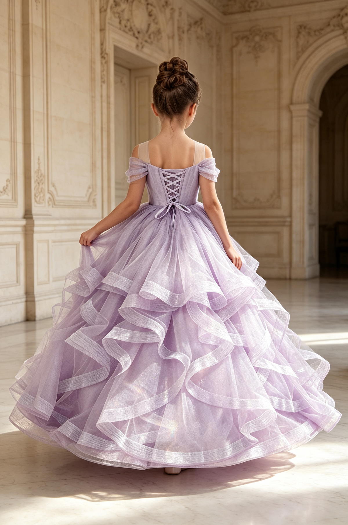 Lavender Off‑The‑Shoulder Girls Pageant Tiered Tulle A‑Line Dress