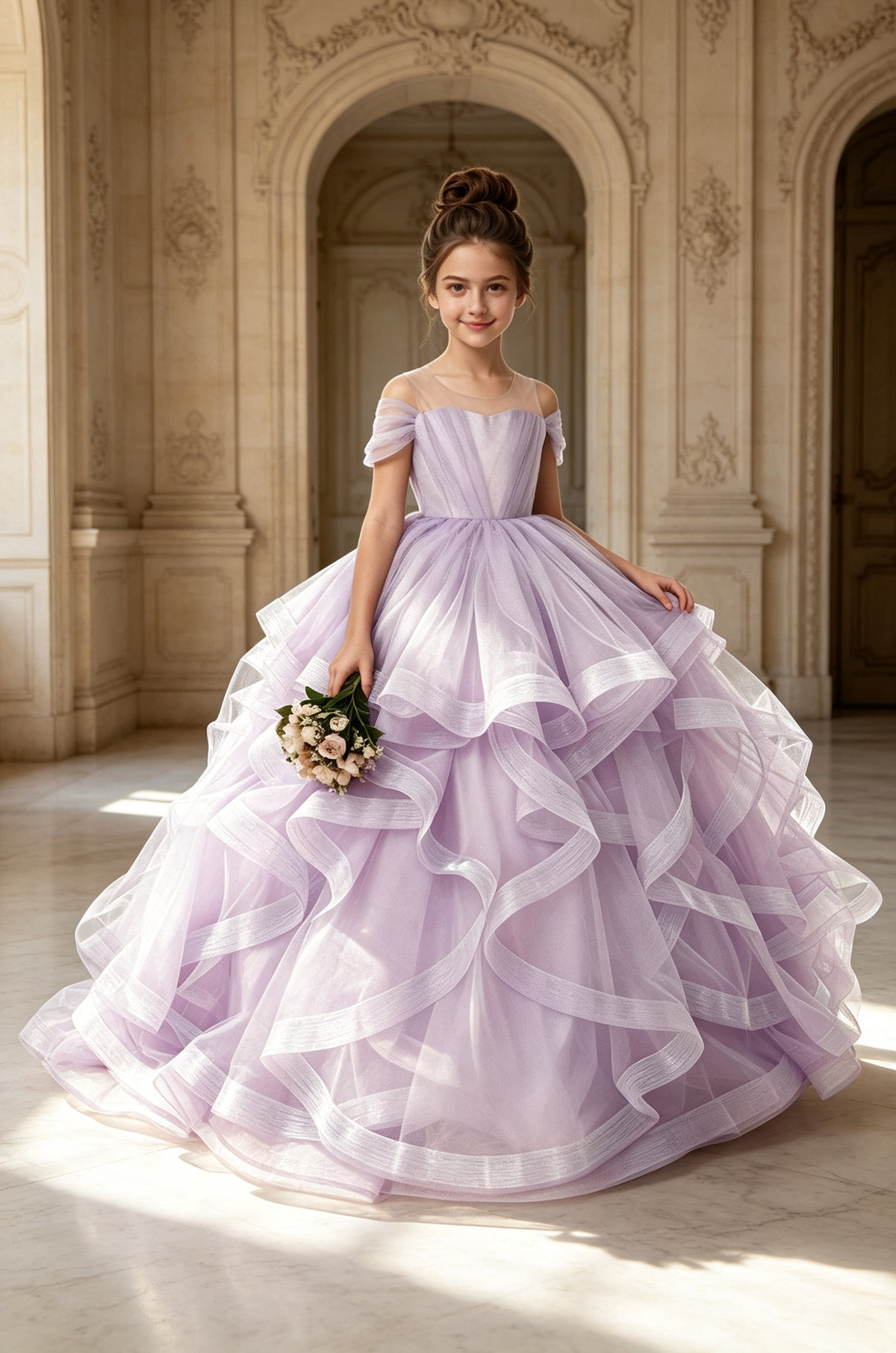 Lavender Off‑The‑Shoulder Girls Pageant Tiered Tulle A‑Line Dress