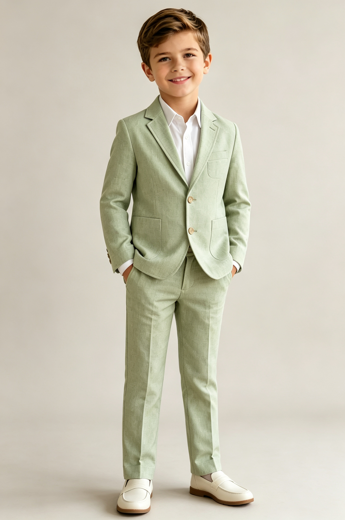Light Green Cotton Linen-Blend Single‑Breasted Boys Suit 2‑Piece Set