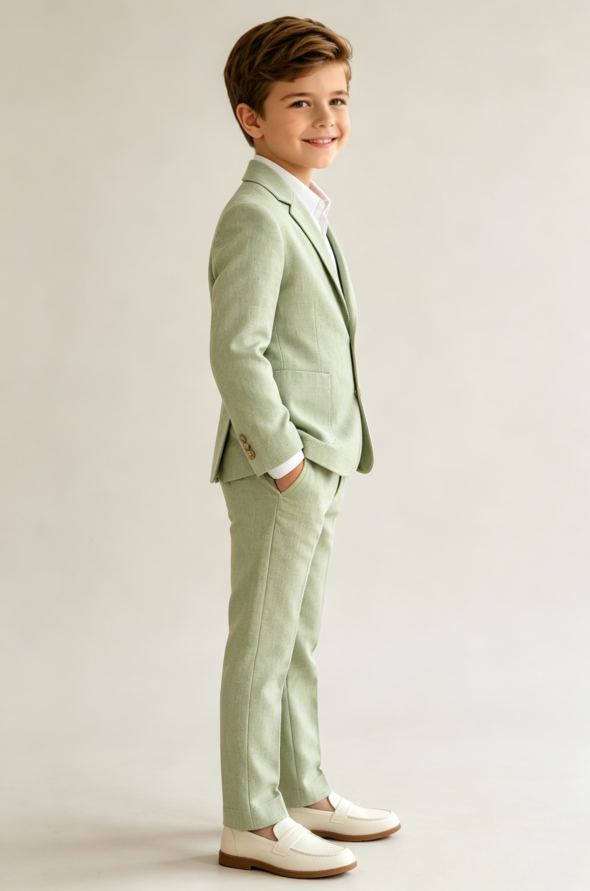 Light Green Cotton Linen-Blend Single‑Breasted Boys Suit 2‑Piece Set