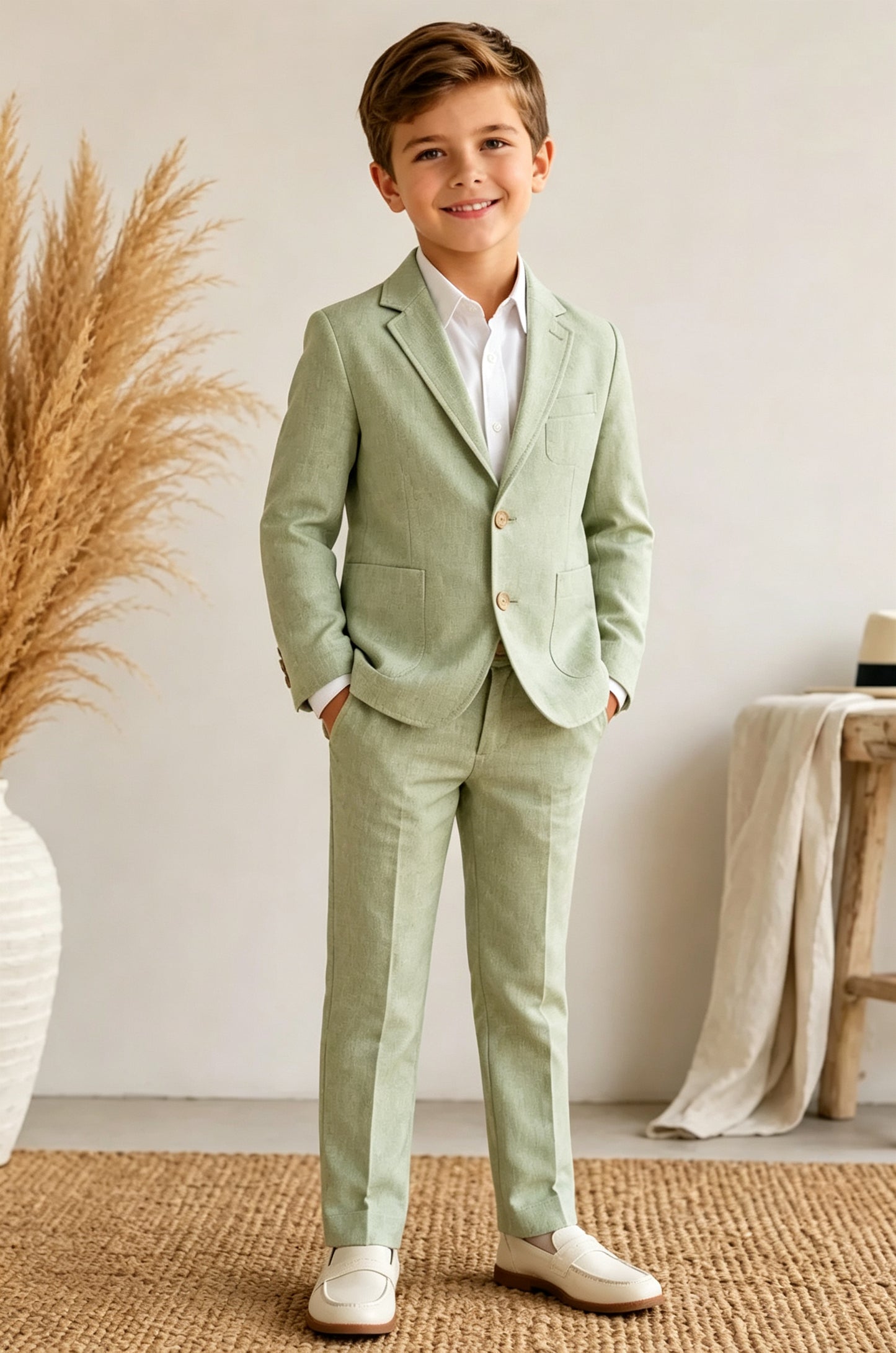 Light Green Cotton Linen-Blend Single‑Breasted Boys Suit 2‑Piece Set