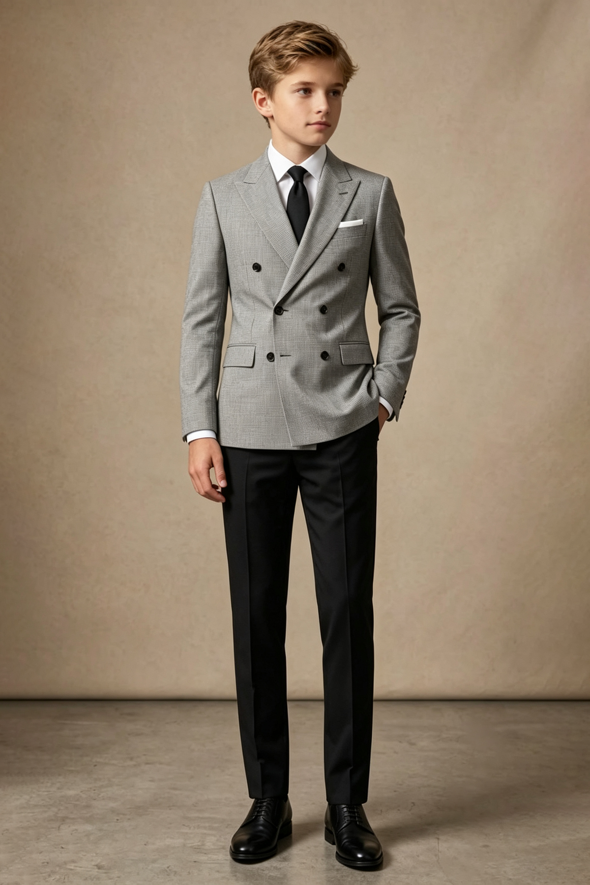 Grey & Black Blend Boys Suit Double‑Breasted 2‑Piece Set