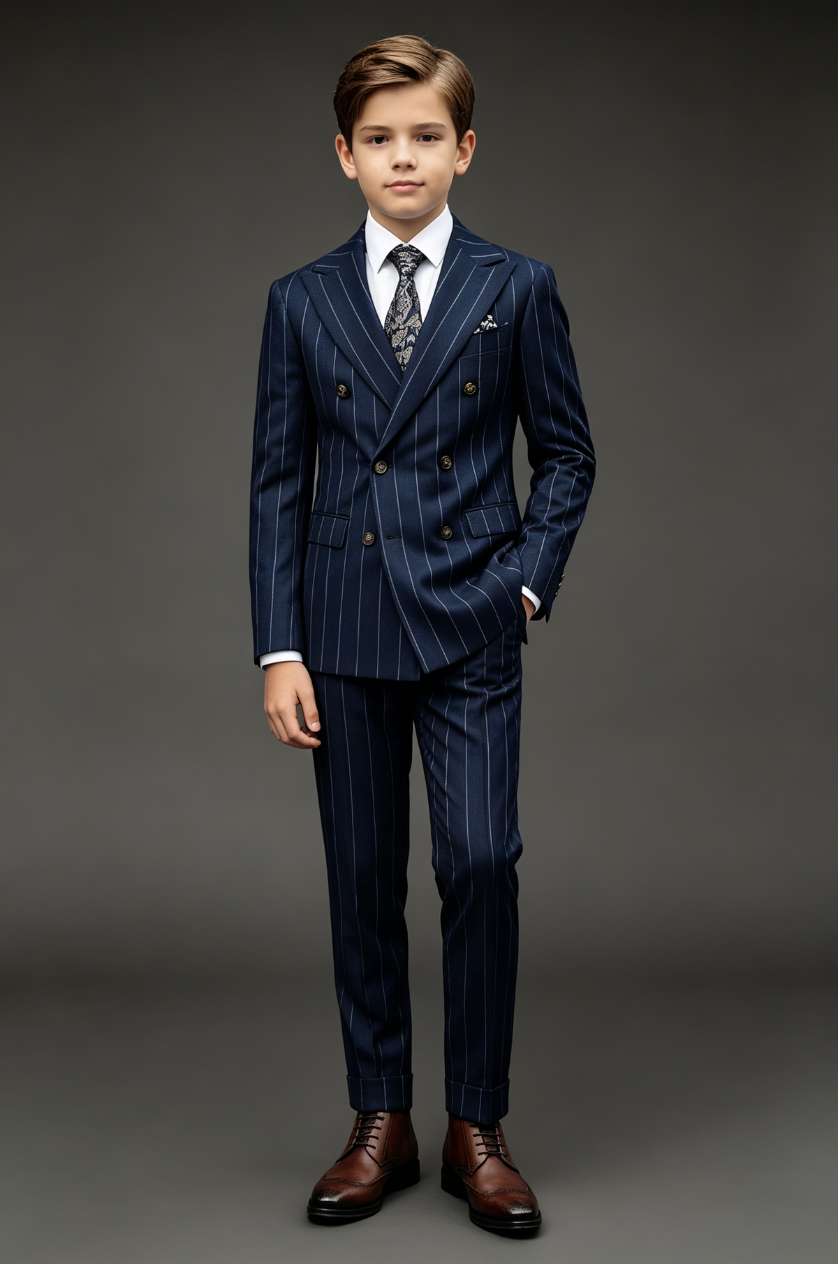 Navy Pinstripe Blend Double‑Breasted Boys Suit 2‑Piece Set