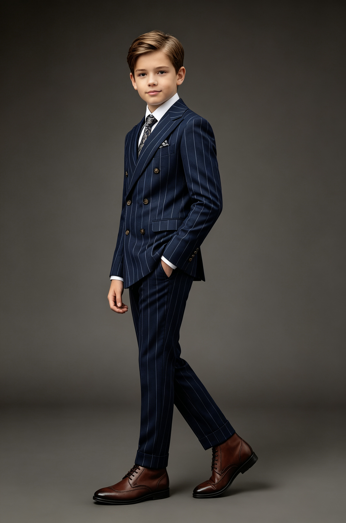 Navy Pinstripe Blend Double‑Breasted Boys Suit 2‑Piece Set