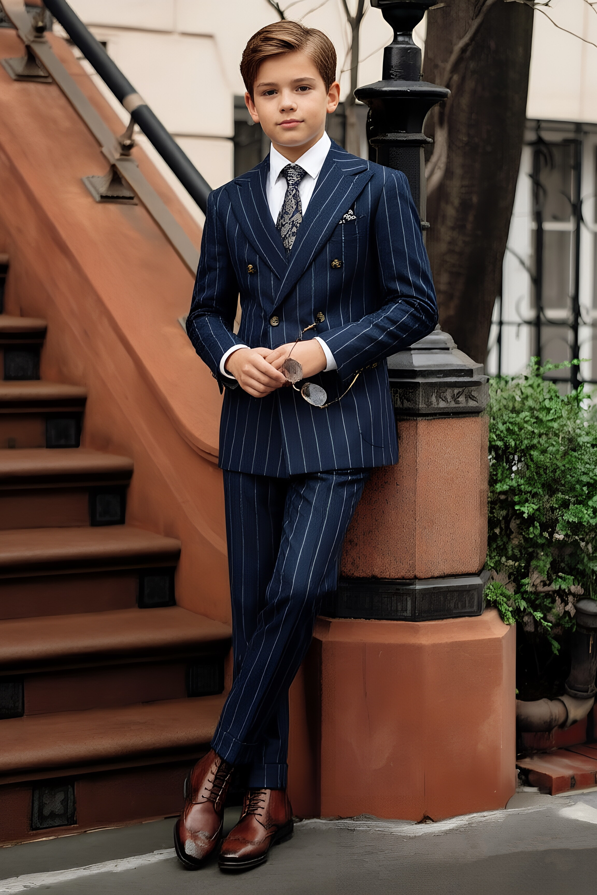 Navy Pinstripe Blend Double‑Breasted Boys Suit 2‑Piece Set