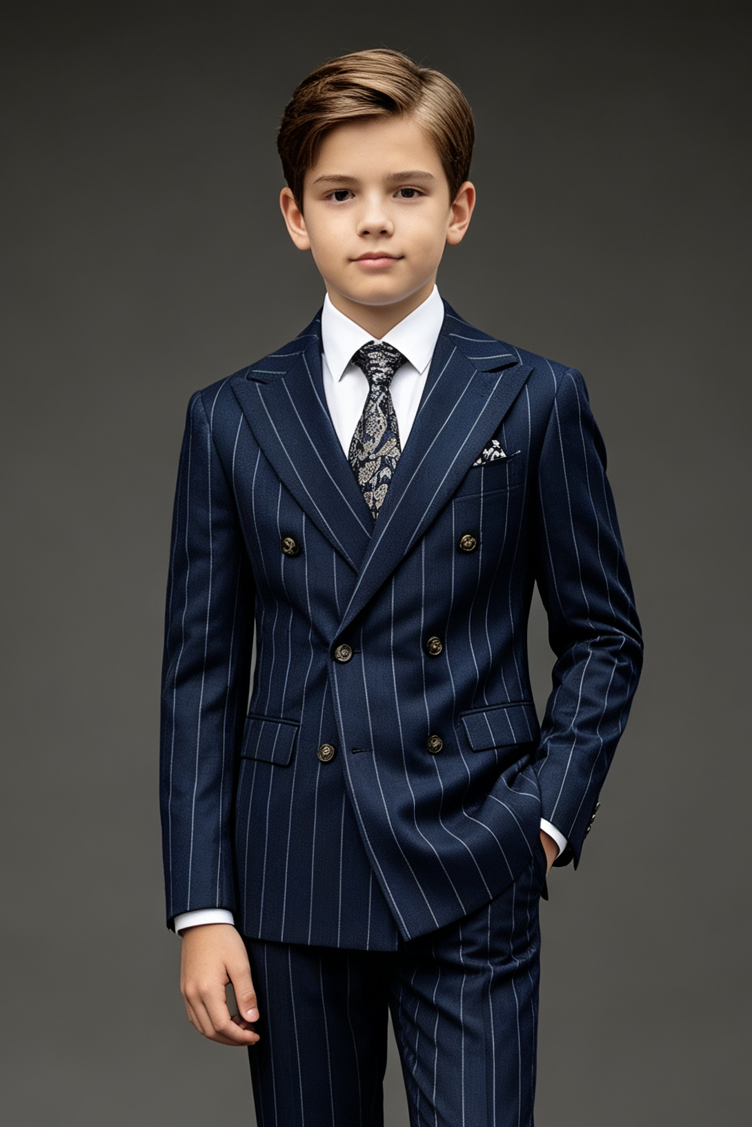 Navy Pinstripe Blend Double‑Breasted Boys Suit 2‑Piece Set
