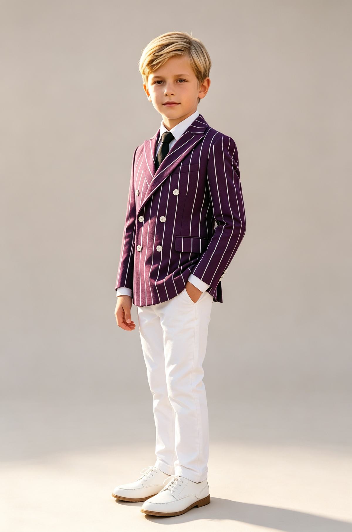 Deep Purple & White Pinstripe Blend Double‑Breasted Boys Suit 2‑Piece Set