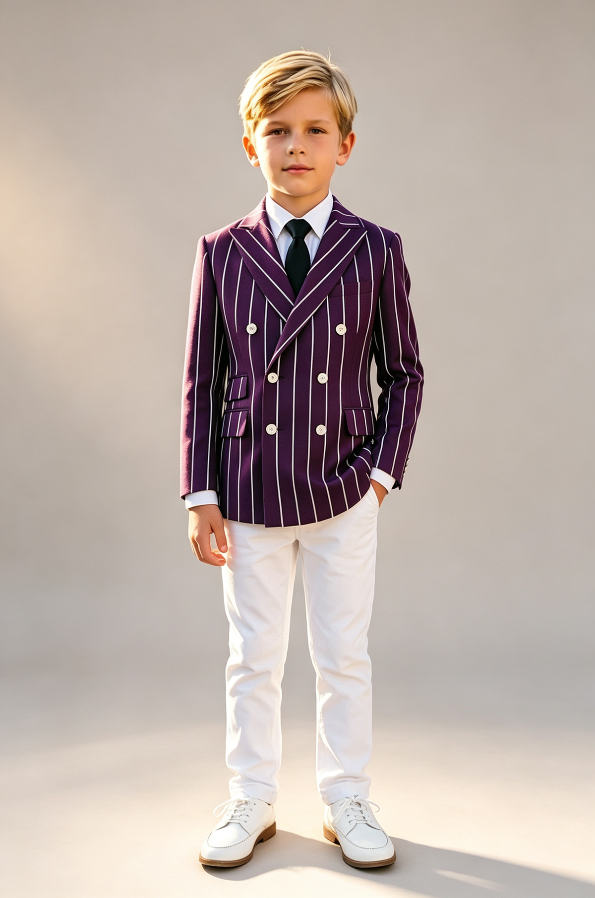 Deep Purple & White Pinstripe Blend Double‑Breasted Boys Suit 2‑Piece Set