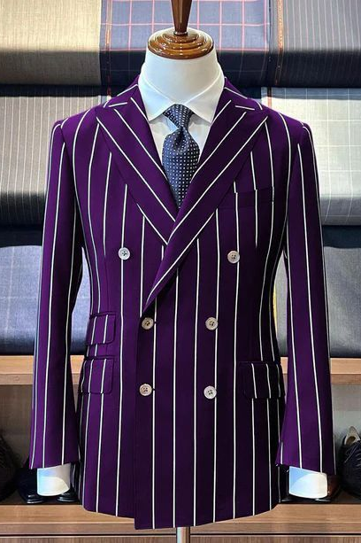 Deep Purple & White Pinstripe Blend Double‑Breasted Boys Suit 2‑Piece Set