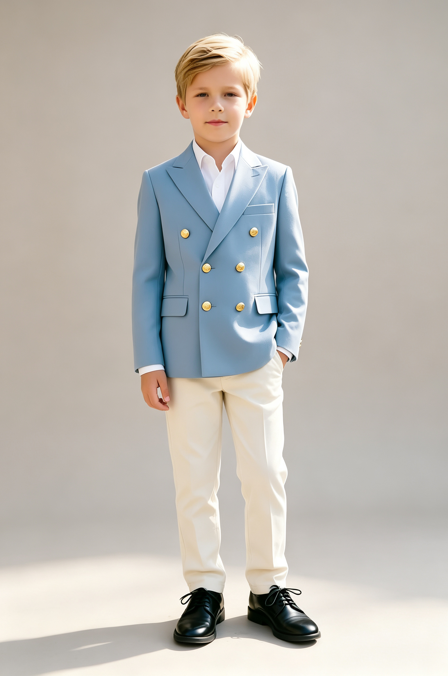 Sky‑Blue & Off‑White Color Block Blend Double‑Breasted Boys Suit 2‑Piece Set