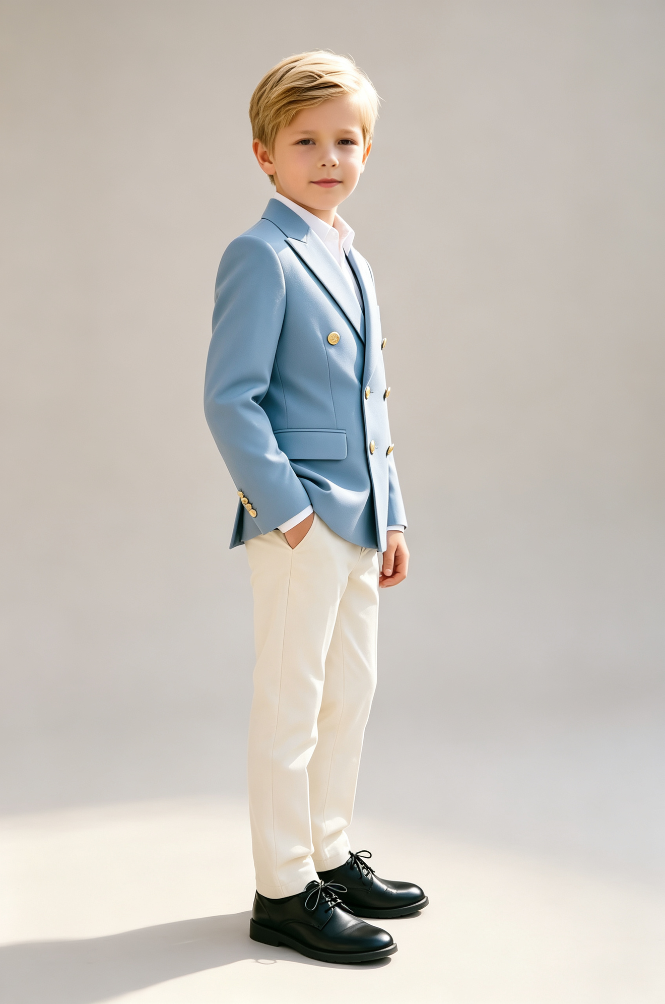 Sky‑Blue & Off‑White Color Block Blend Double‑Breasted Boys Suit 2‑Piece Set