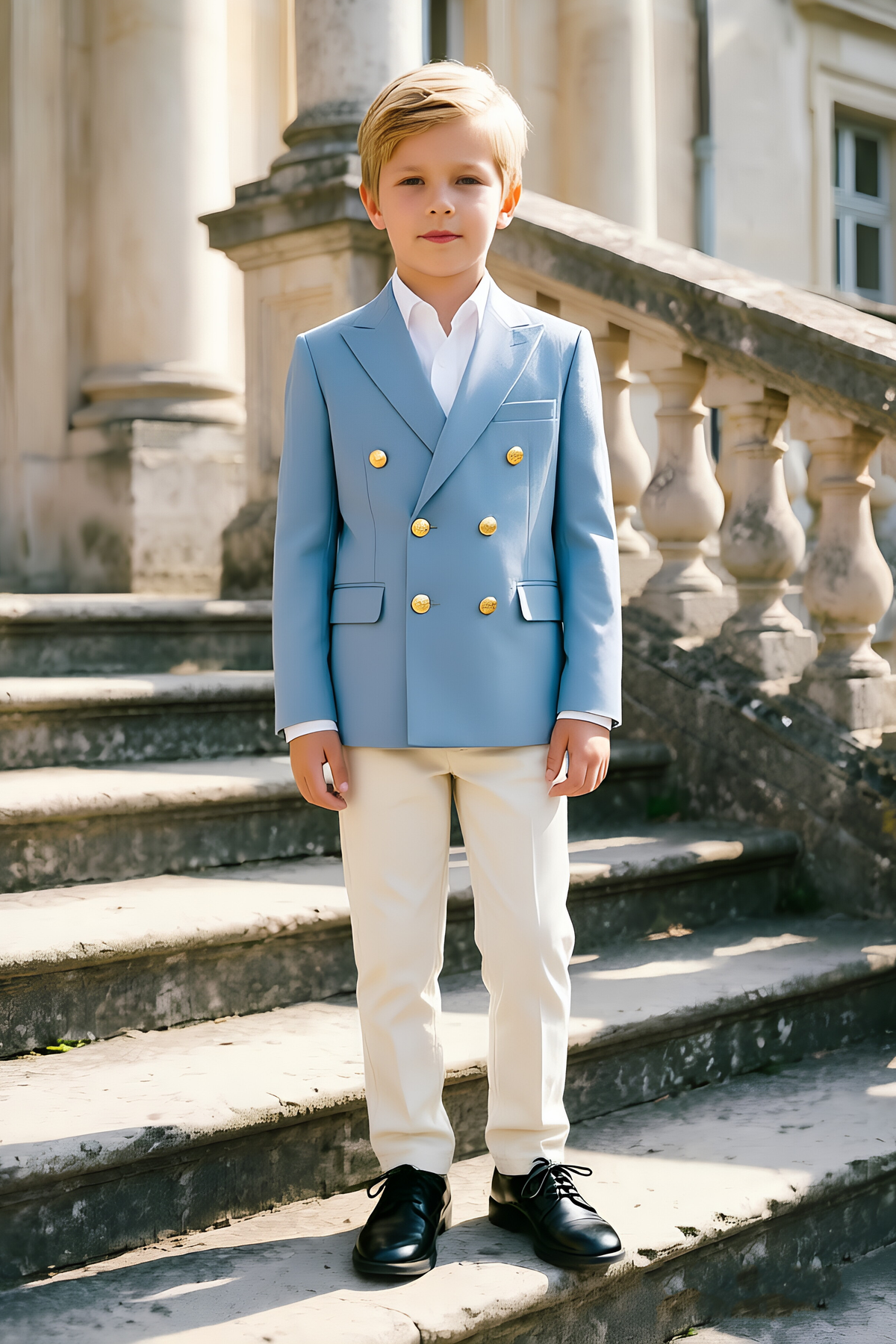 Sky‑Blue & Off‑White Color Block Blend Double‑Breasted Boys Suit 2‑Piece Set