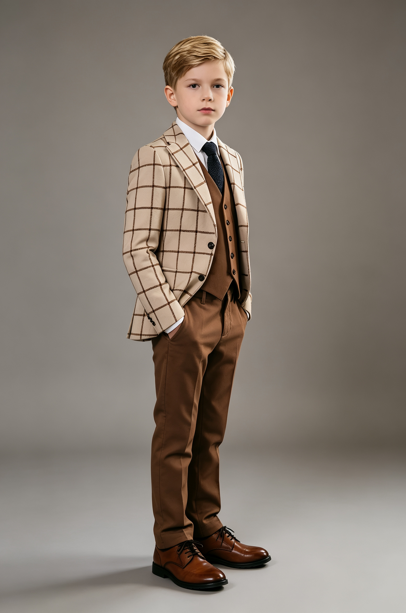 Beige & Brown Blend Single‑Breasted Boys 3‑Piece Suit