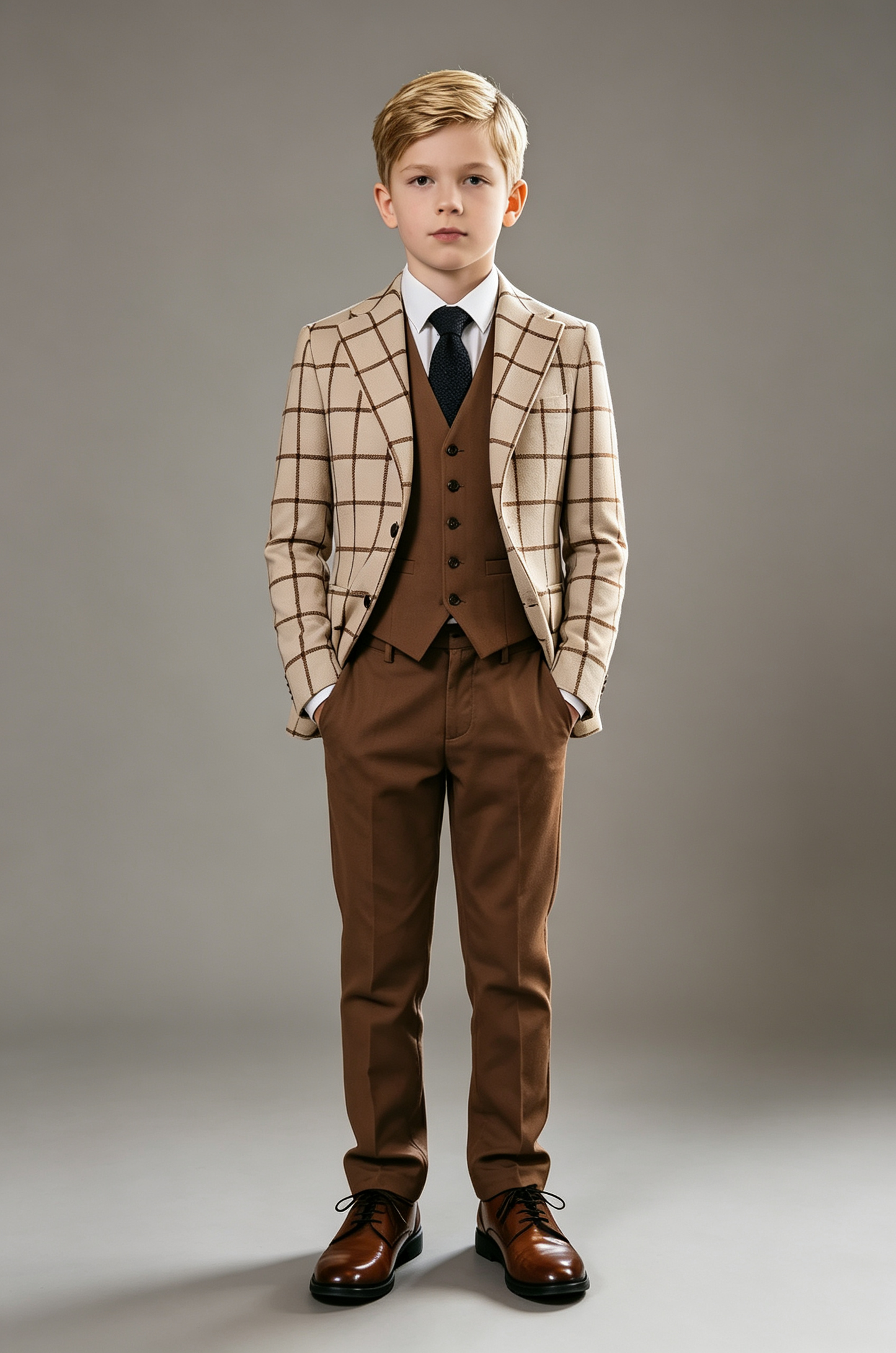 Beige & Brown Blend Single‑Breasted Boys 3‑Piece Suit