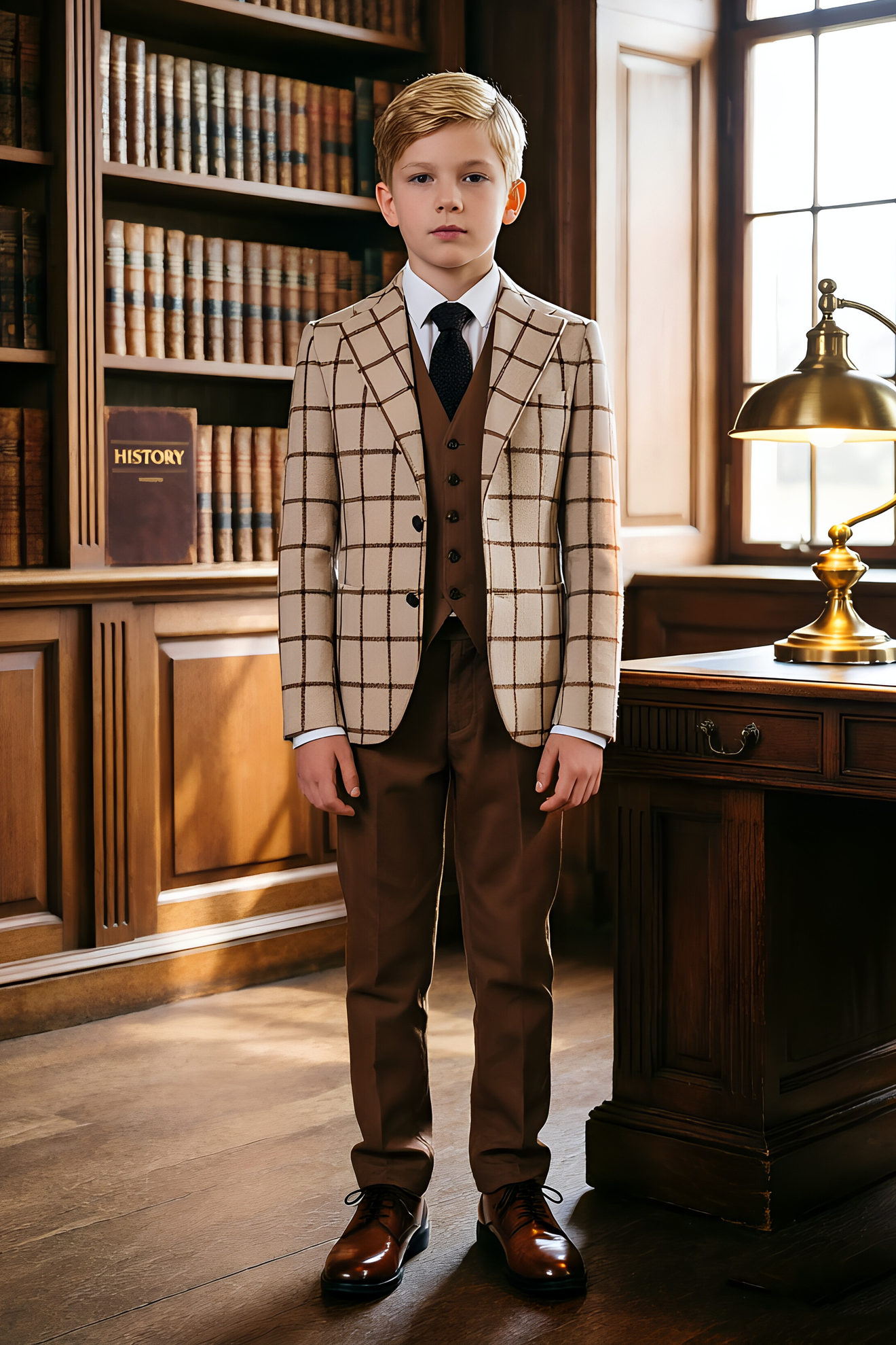 Beige & Brown Blend Single‑Breasted Boys 3‑Piece Suit