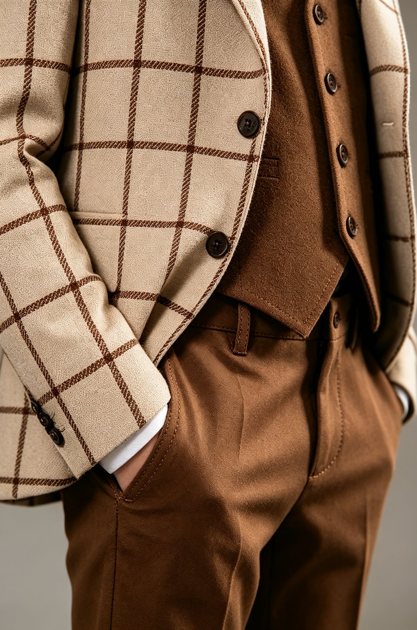 Beige & Brown Blend Single‑Breasted Boys 3‑Piece Suit