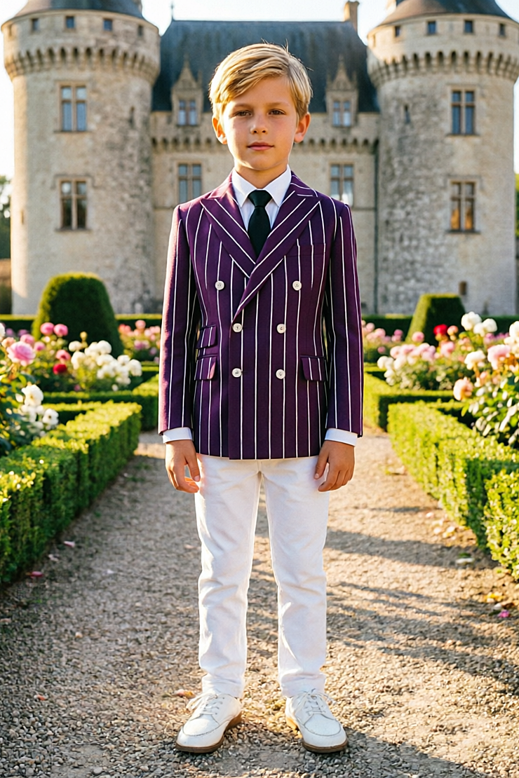 Deep Purple & White Pinstripe Blend Double‑Breasted Boys Suit 2‑Piece Set