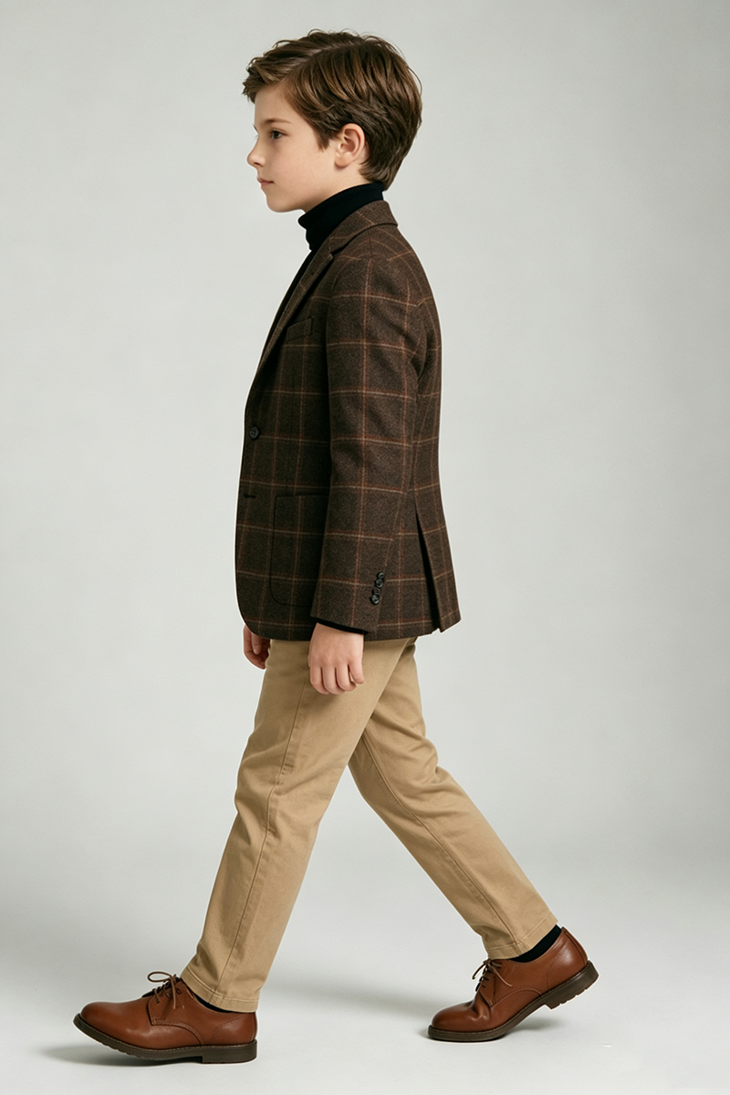Boys Brown Check Blazer with Classic Notch Lapel 2‑Piece Suit for Weddings