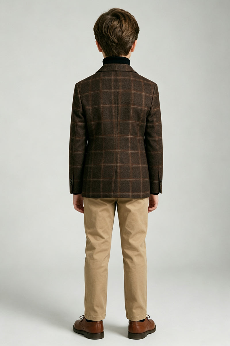 Boys Brown Check Blazer with Classic Notch Lapel 2‑Piece Suit for Weddings