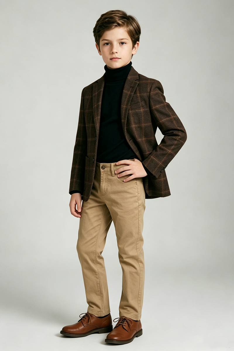 Boys Brown Check Blazer with Classic Notch Lapel 2‑Piece Suit for Weddings