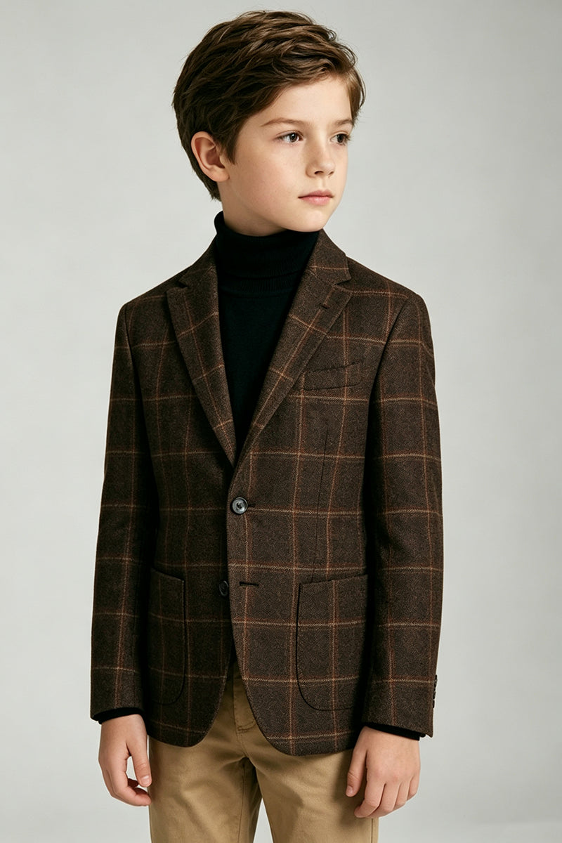 Boys Brown Check Blazer with Classic Notch Lapel 2‑Piece Suit for Weddings