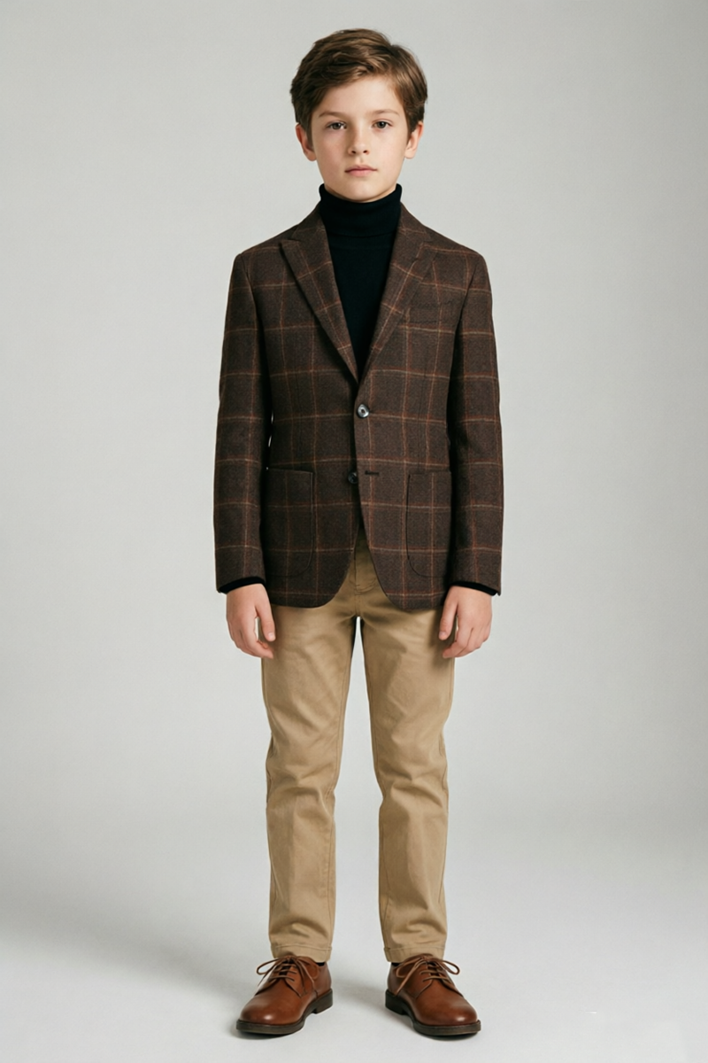 Boys Brown Check Blazer with Classic Notch Lapel 2‑Piece Suit for Weddings