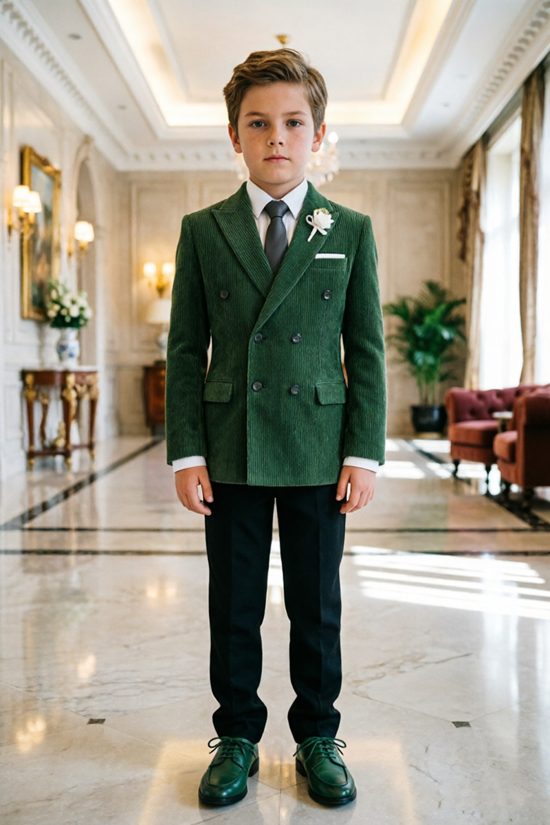 Boys Green Corduroy Double‑Breasted 2‑Piece Suit for Weddings