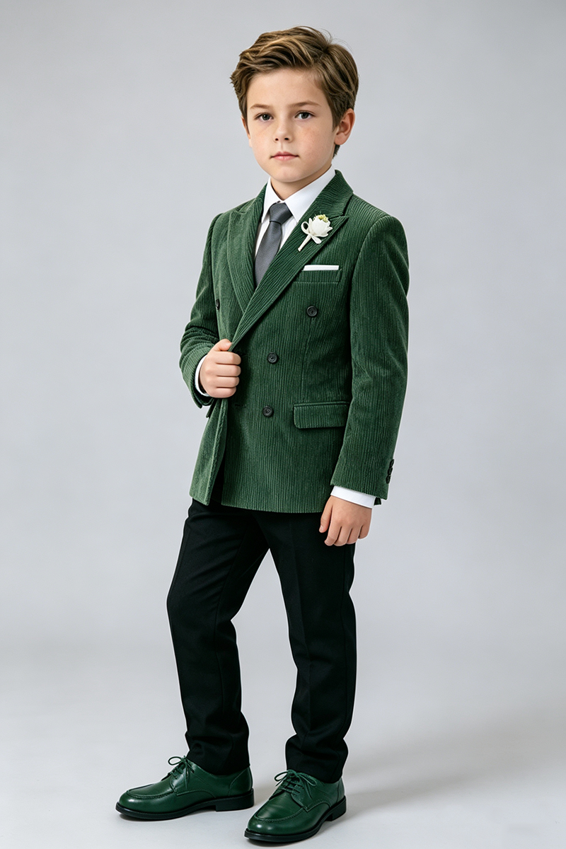 Boys Green Corduroy Double‑Breasted 2‑Piece Suit for Weddings