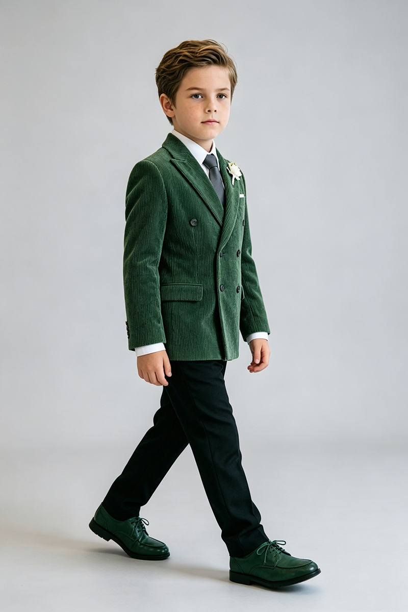 Boys Green Corduroy Double‑Breasted 2‑Piece Suit for Weddings