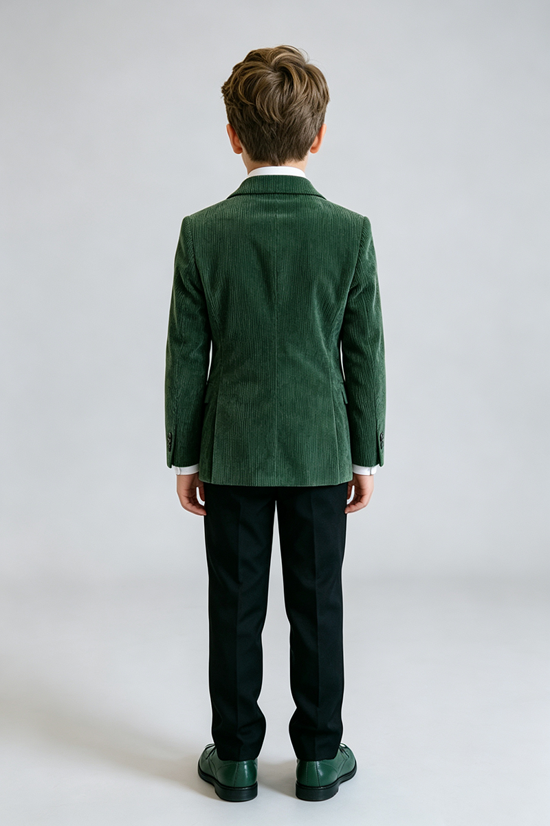 Boys Green Corduroy Double‑Breasted 2‑Piece Suit for Weddings