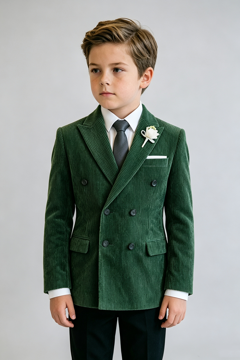 Boys Green Corduroy Double‑Breasted 2‑Piece Suit for Weddings