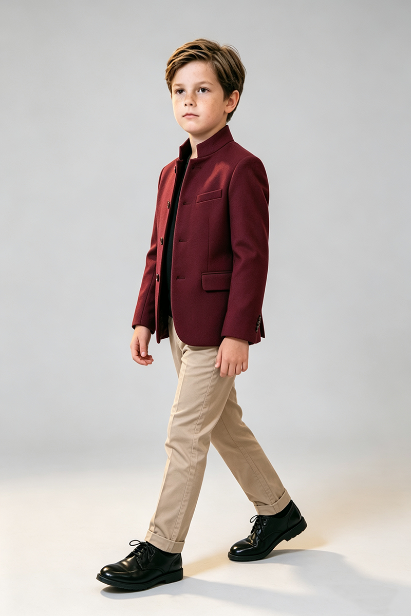 Boys Burgundy with Mandarin Stand Collar 2‑Piece Suit for Weddings