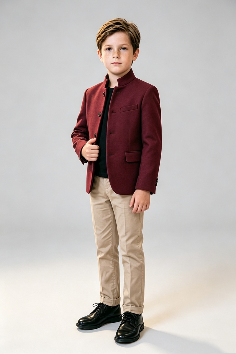 Boys Burgundy with Mandarin Stand Collar 2‑Piece Suit for Weddings