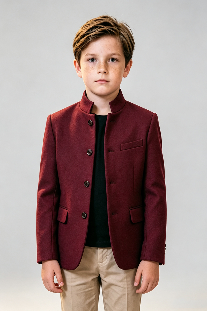 Boys Burgundy with Mandarin Stand Collar 2‑Piece Suit for Weddings