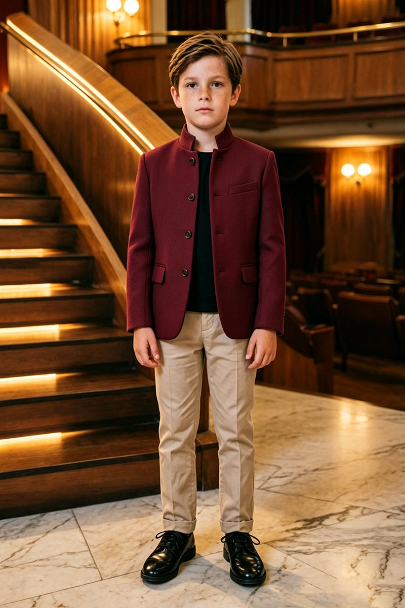 Boys Burgundy with Mandarin Stand Collar 2‑Piece Suit for Weddings