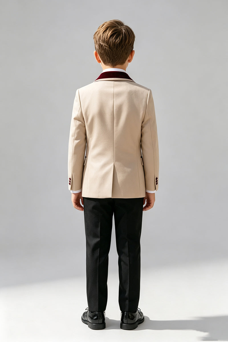 Boys Beige with Burgundy Velvet Shawl Collar 2‑Piece Suit for Weddings