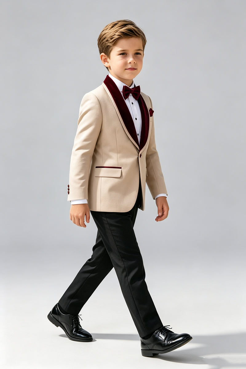 Boys Beige with Burgundy Velvet Shawl Collar 2‑Piece Suit for Weddings