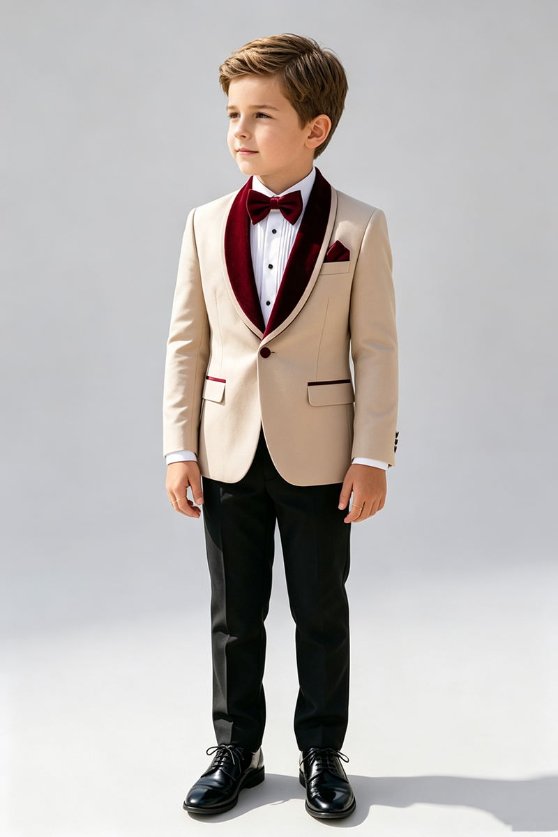 Boys Beige with Burgundy Velvet Shawl Collar 2‑Piece Suit for Weddings