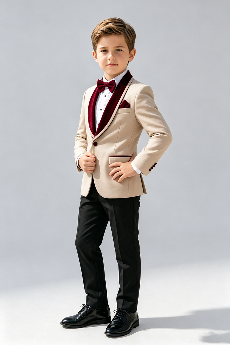 Boys Beige with Burgundy Velvet Shawl Collar 2‑Piece Suit for Weddings
