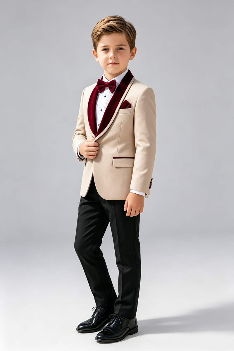 Boys Beige with Burgundy Velvet Shawl Collar 2‑Piece Suit for Weddings