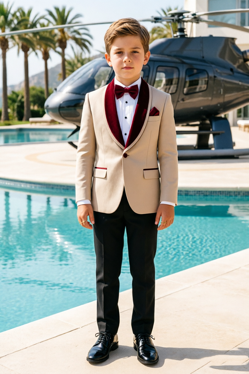 Boys Beige with Burgundy Velvet Shawl Collar 2‑Piece Suit for Weddings